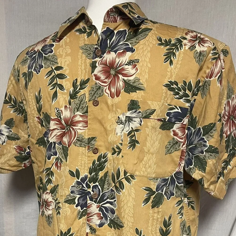 An Original by Tommy Hilfiger Mens Mustard Hawaiian Shirt Floral Hibiscus Large
